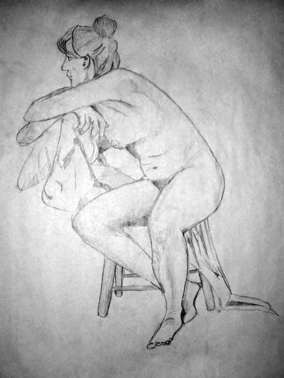 Sketch of model leaning on chair