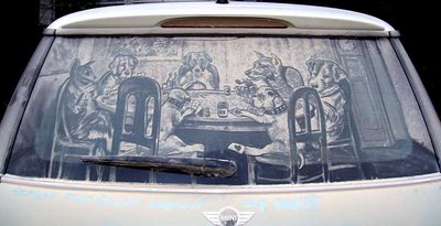 Dirty Car Window with Dogs Playing Poker