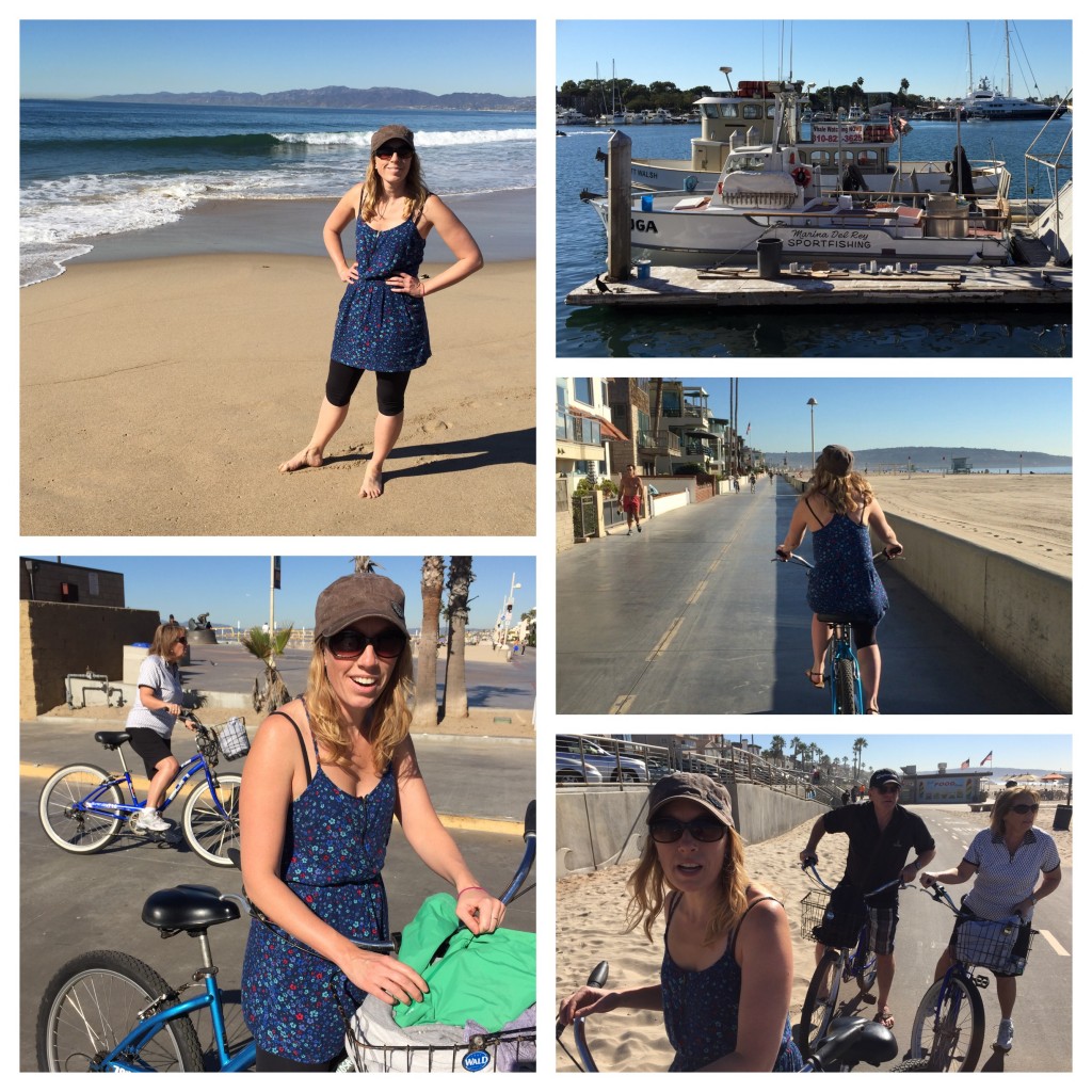 A collage of 5 photos showing our trip along the coast -- bike riding, standing on the beach, and some boats in the harbour.