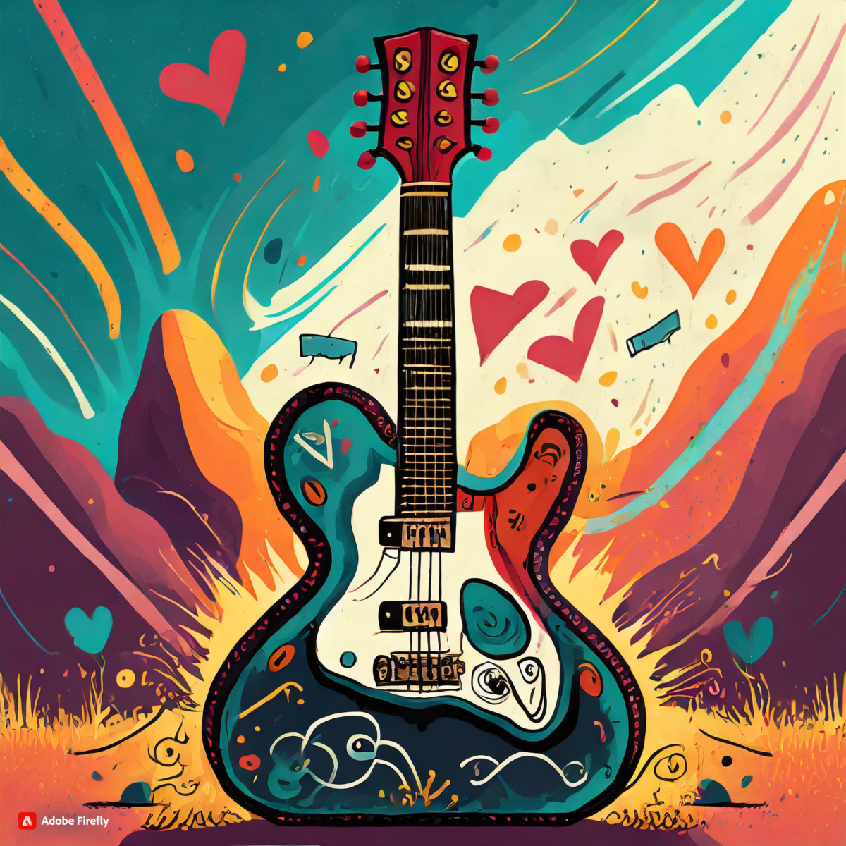 A stylized guitar in front of a stylized, artistic, vibrant landscape.